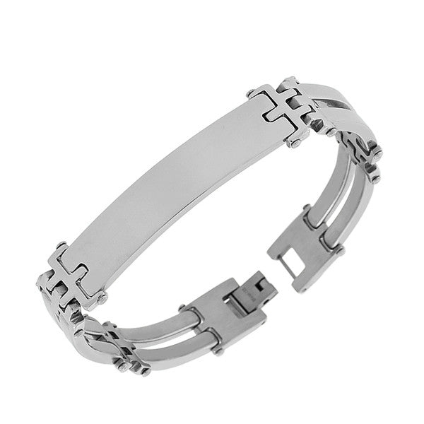 Stainless Steel Silver-Tone Name Tag Men's Link Chain Bracelet