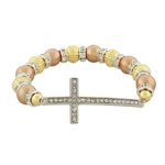 Fashion Alloy Yellow Gold-Tone Rose Gold-Tone Latin Cross White CZ Stretch Bracelet