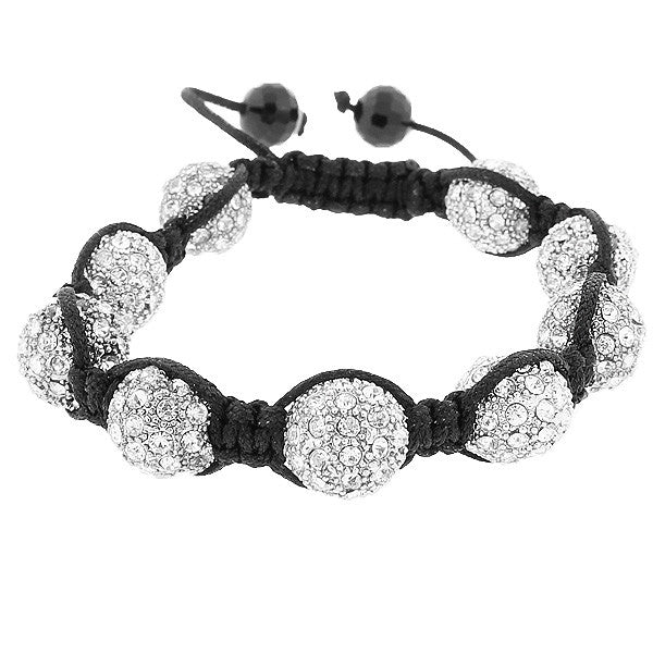White CZ Ball Beaded Black Cord Adjustable Macrame Bracelet