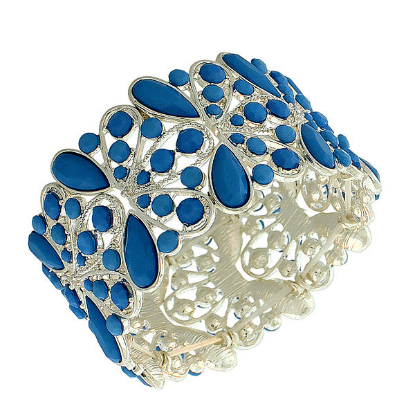Fashion Alloy Silver-Tone Blue Beads Wide Stretch Bangle Bracelet