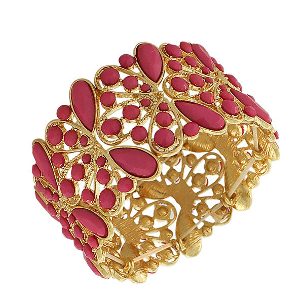 Fashion Alloy Yellow Gold-Tone Pink Beads Wide Stretch Bangle Bracelet