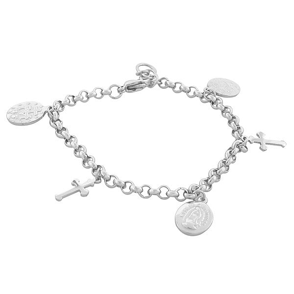 Stainless Steel Silver-Tone Religious Latin Cross Virgin Mary Christian Chain Bracelet