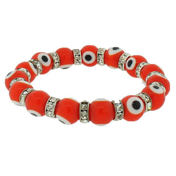 Fashion Alloy Orange Red Silver-Tone White CZ Evil Eye Stretch Bracelet