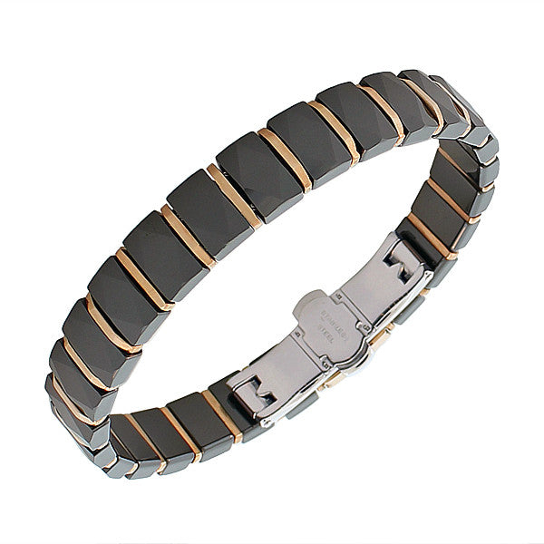 Stainless Steel Black Ceramic Rose Gold-Tone Men's Bracelet