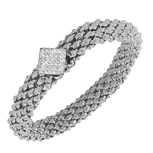 EDFORCE Stainless Steel Silver-Tone White CZ Stretch Mesh Bracelet