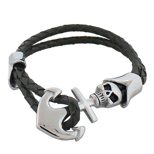 EDFORCE Stainless Steel Black Leather Silver-Tone Anchor Skull Pirate Men's Wristband Bracelet