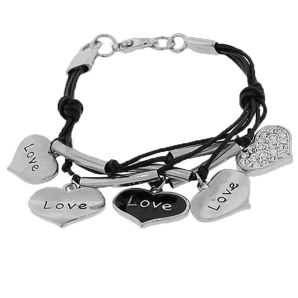 Fashion Alloy Silver-Tone Black Love Hearts Charms White CZ Bracelet