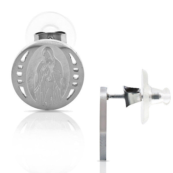 EDFORCE Stainless Steel Silver-Tone Round Virgin Mary Religious Stud Earrings