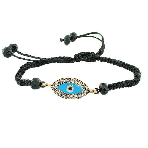 Fashion Alloy Silver-Tone Blue Evil Eye Black Cord Adjustable Bracelet