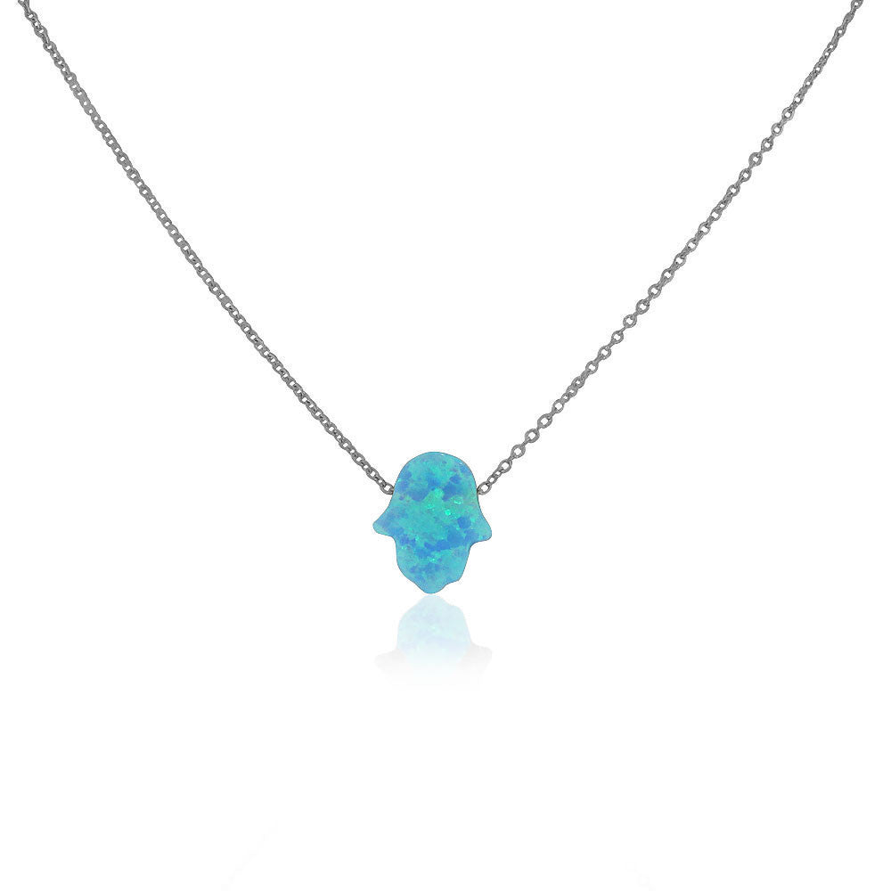 EDFORCE Stainless Steel Silver-Tone Simulated Blue Opal Hamsa Pendant Necklace, 18"