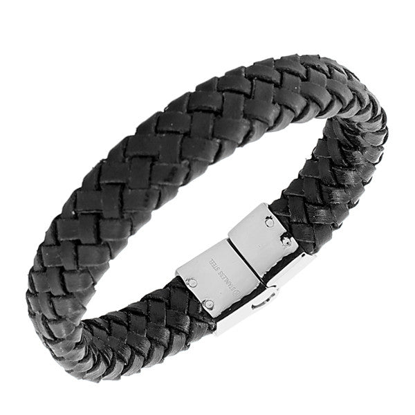 Stainless Steel Black Leather Braided Silver-Tone Wristband Men's Bracelet