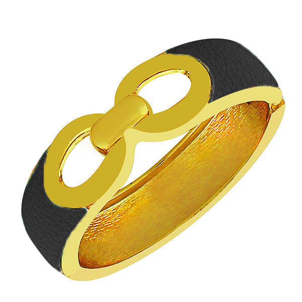 Fashion Alloy Yellow Gold-Tone Black Faux PU Leather Bangle Bracelet