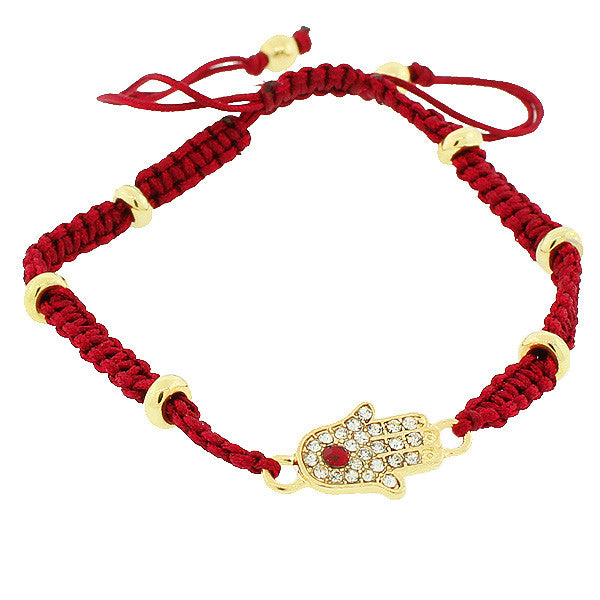 Fashion Alloy Yellow Gold-Tone Red Cord White CZ Hamsa Adjustable Bracelet