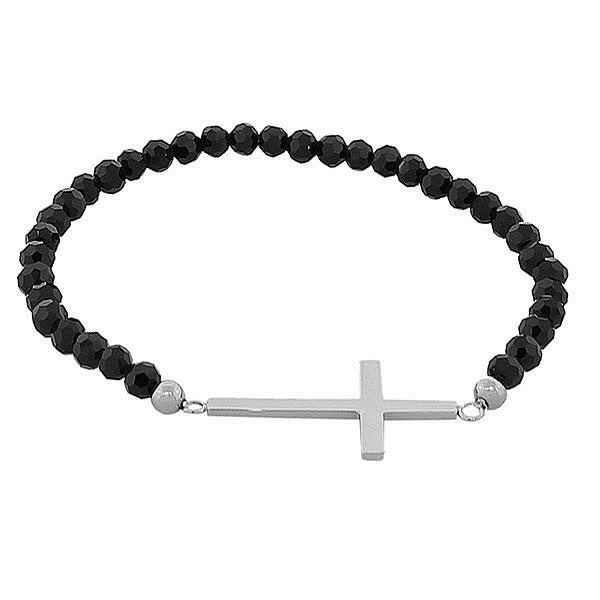 Stainless Steel Stretch Cord Black Simulated Onyx Religious Cross Silver-Tone Beaded Bracelet