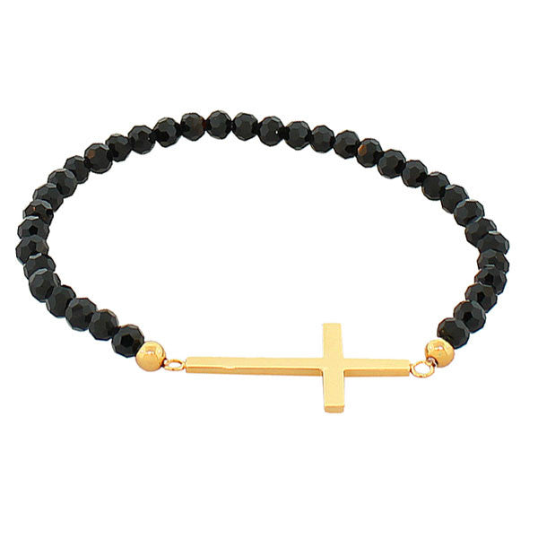 Stainless Steel Stretch Cord Black Simulated Onyx Religious Cross Yellow Gold-Tone Beaded Bracelet