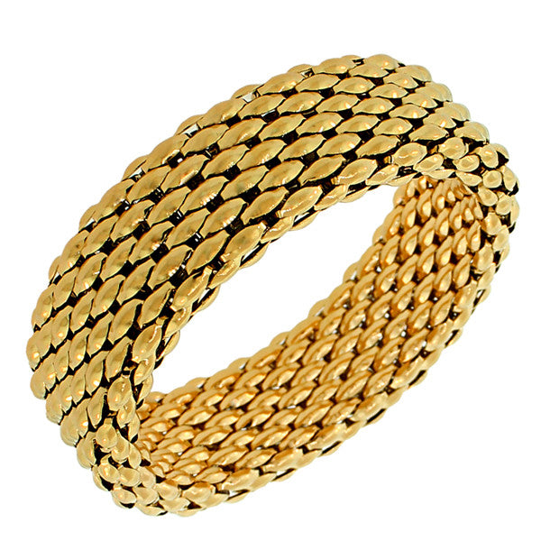 Stainless Steel Yellow Gold-Tone Mesh Wide Stretch Bangle Bracelet