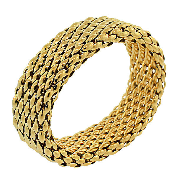 Stainless Steel Yellow Gold-Tone Mesh Wide Stretch Bangle Bracelet
