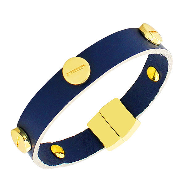 Fashion Alloy Blue Leather Yellow Gold-Tone Wristband Wrap Bracelet
