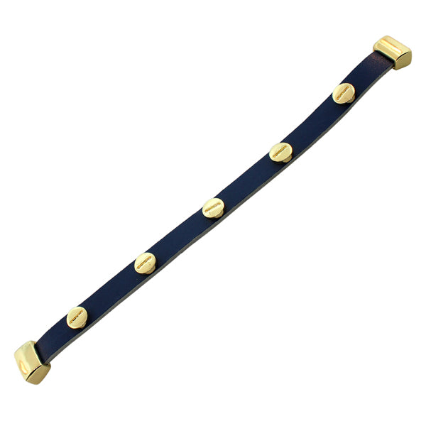 Fashion Alloy Blue Leather Yellow Gold-Tone Wristband Wrap Bracelet