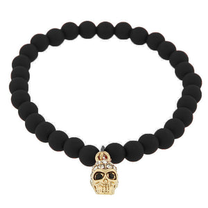 Fashion Alloy Black Wood White Black CZ Yellow Gold-Tone Skull Beaded Stretch Bracelet