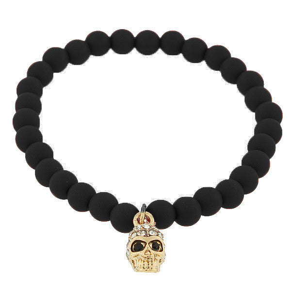 Fashion Alloy Black Wood White Black CZ Yellow Gold-Tone Skull Beaded Stretch Bracelet