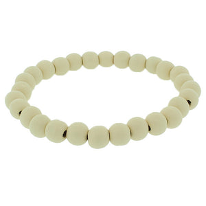 White Ivory-Tone Wood Beaded Stretch Cord Bangle Bracelet