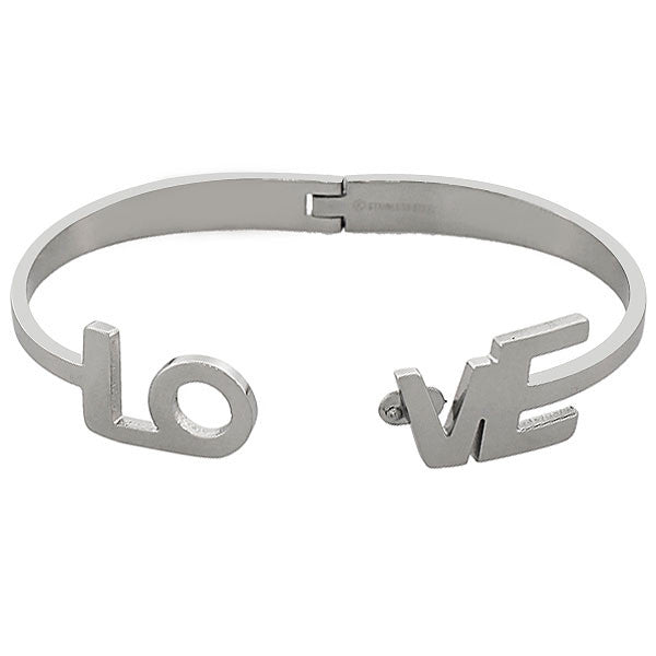 Stainless Steel Oval-Shaped Silver-Tone L-O-V-E Bangle Clasp Bracelet