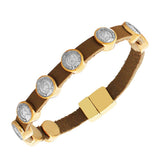 Fashion Alloy Light Brown Tan Leather Yellow Gold-Tone Coin Design Wrap Wristband Bracelet