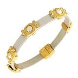 Fashion Alloy White Leather Yellow Gold-Tone CZ Simulated Pearls Wristband Wrap Bracelet