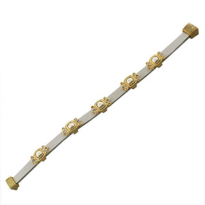Fashion Alloy White Leather Yellow Gold-Tone CZ Simulated Pearls Wristband Wrap Bracelet