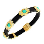Fashion Alloy Black Leather Yellow Gold-Tone White CZ Turquoise-Tone Wristband Wrap Bracelet