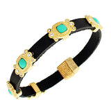 Fashion Alloy Black Leather Yellow Gold-Tone White CZ Turquoise-Tone Wristband Wrap Bracelet