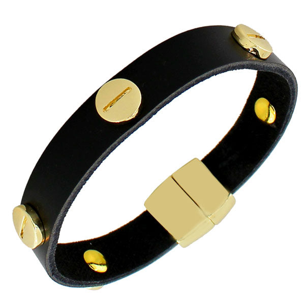 Fashion Alloy Black Leather Yellow Gold-Tone Wristband Wrap Bracelet