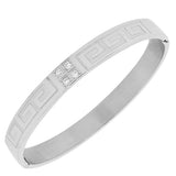 Stainless Steel Silver-Tone Greek Key White CZ Bangle Bracelet
