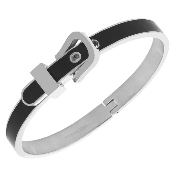 Stainless Steel Silver-Tone Black Belt Buckle Bangle Bracelet
