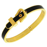 Stainless Steel Yellow Gold-Tone Black Belt Buckle Bangle Bracelet