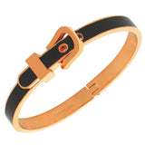 Stainless Steel Rose Gold-Tone Black Belt Buckle Bangle Bracelet