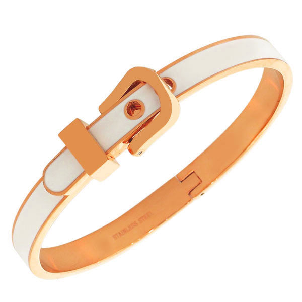 Stainless Steel Rose Gold-Tone White Belt Buckle Bangle Bracelet
