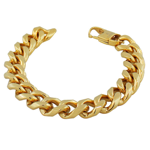 Stainless Steel Yellow Gold-Tone Men's Classic Link Cuban Chain Bracelet