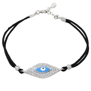 925 Sterling Silver Black Cord White CZ Hamsa Evil Eye Girls Bracelet
