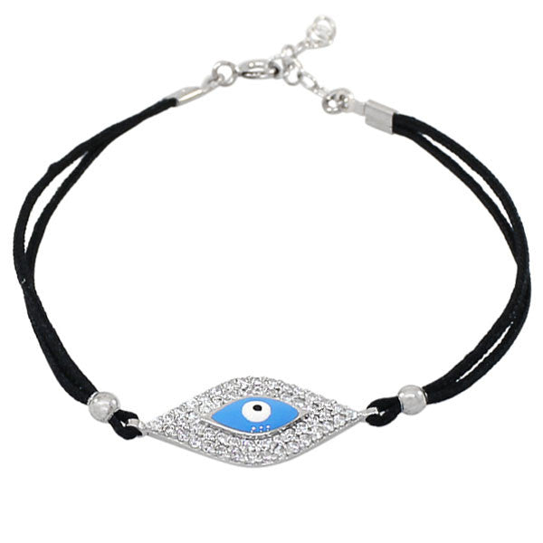 925 Sterling Silver Black Cord White CZ Hamsa Evil Eye Girls Bracelet