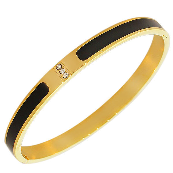 Stainless Steel Yellow Gold-Tone Black Enamel White CZ Oval-Shape Bangle Bracelet