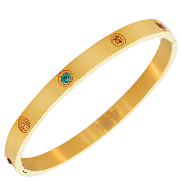 Stainless Steel Yellow Gold-Tone Multicolor CZ Oval-Shape Bangle Bracelet