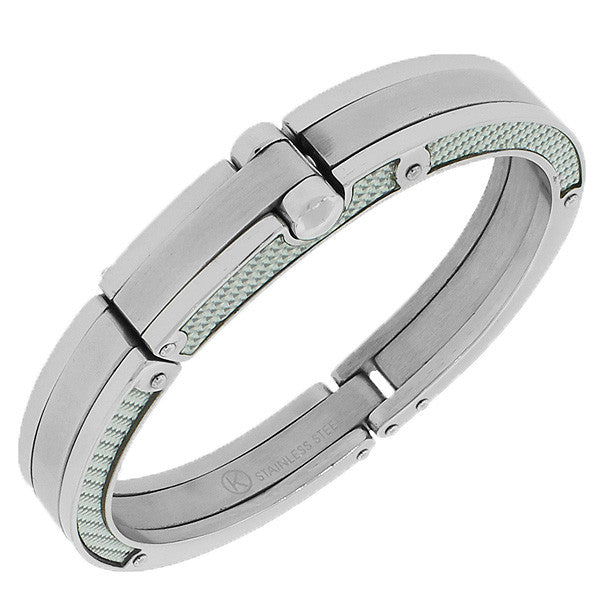 Stainless Steel Silver-Tone Simulated Carbon Fiber Handcuff Men's Bracelet