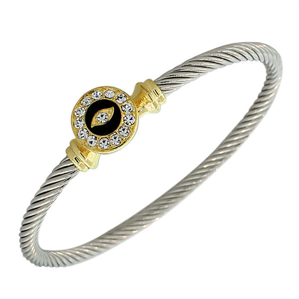 Fashion Alloy Silver-Tone Black White CZ Twisted Cable Evil Eye Bangle Bracelet