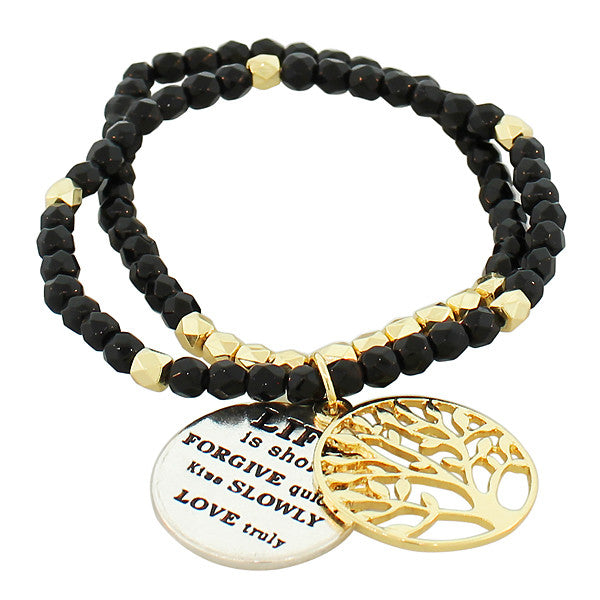 Fashion Alloy Black Gold-Tone Multicolor Tree of Life Quotation Stretch Beaded Bracelet