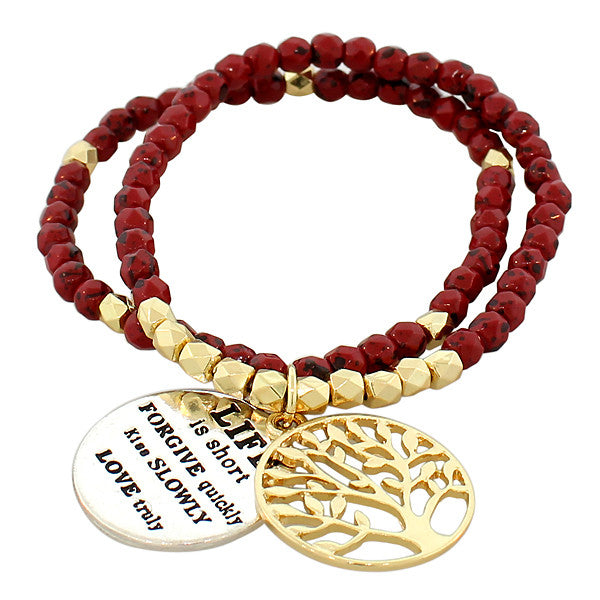 Fashion Alloy Red Gold-Tone Multicolor Tree of Life Quotation Stretch Beaded Bracelet