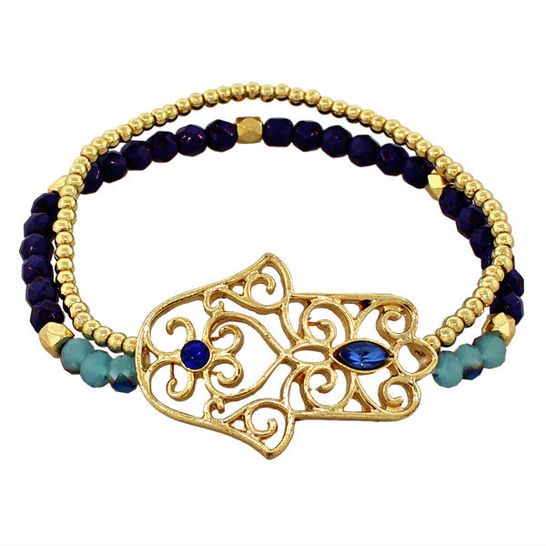 Fashion Alloy Blue Gold-Tone CZ Hamsa Stretch Beaded Bracelet