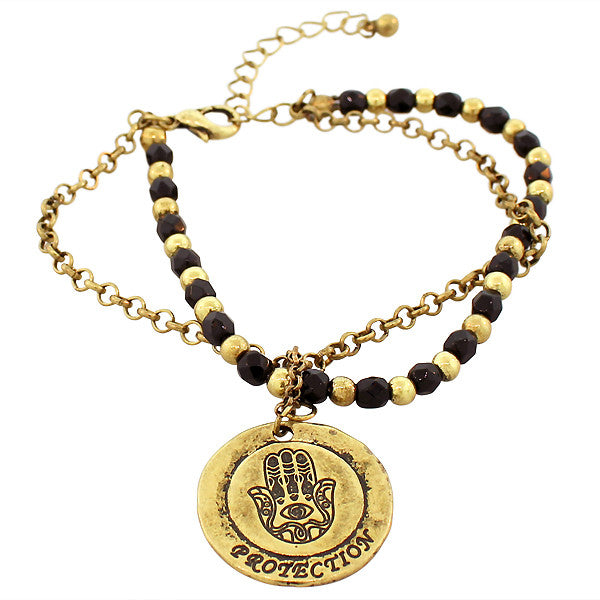 Fashion Alloy Black Gold-Tone Hamsa Evil Eye Protection Adjustable Beaded Bracelet