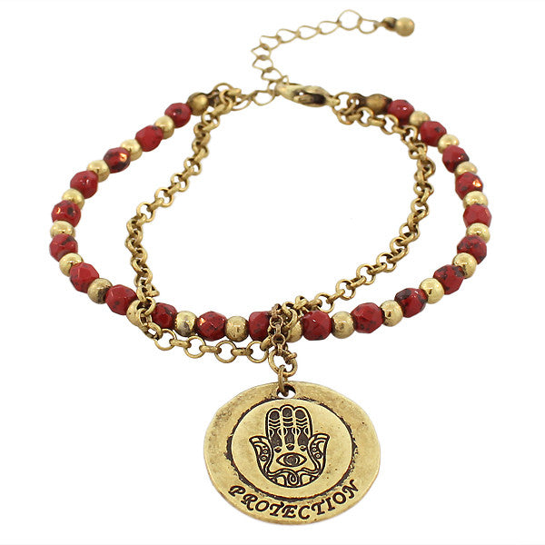 Fashion Alloy Red Gold-Tone Hamsa Evil Eye Protection Adjustable Beaded Bracelet